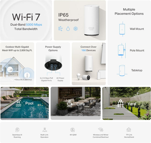 Deco 7 Outdoor BE5000 Dual-Band Wi-Fi 7 Mesh Extender, Deco BE25-Outdo ...